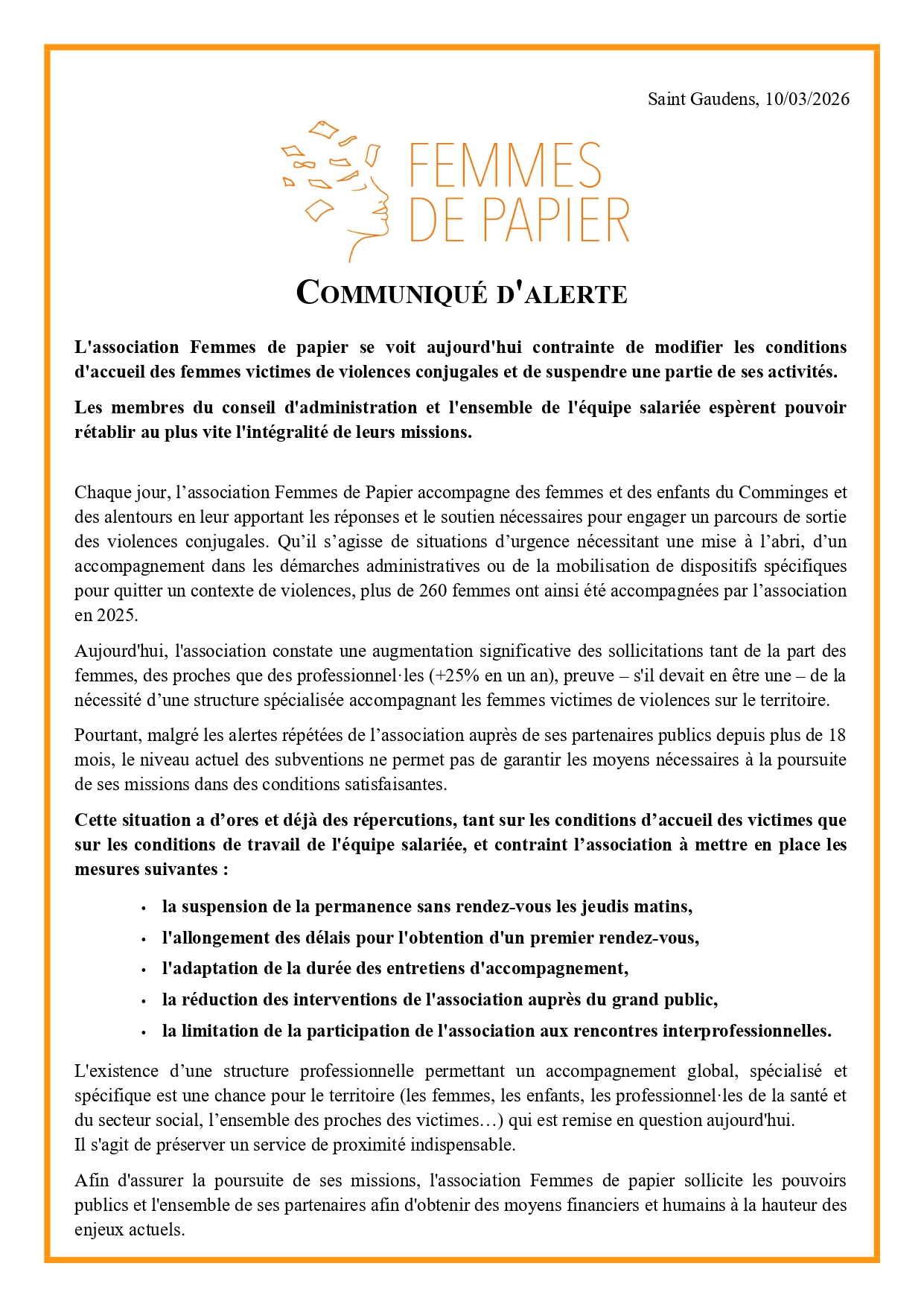 Communiqué alerte femmes de papier